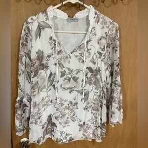#107-ANGELA MODA-Made In Italy Pure Silk Floral Ruffle LongSleeve Blouse